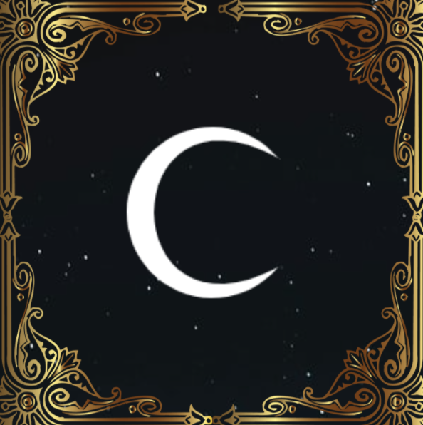 A crescent moon against a backdrop of stars inside a golden frame